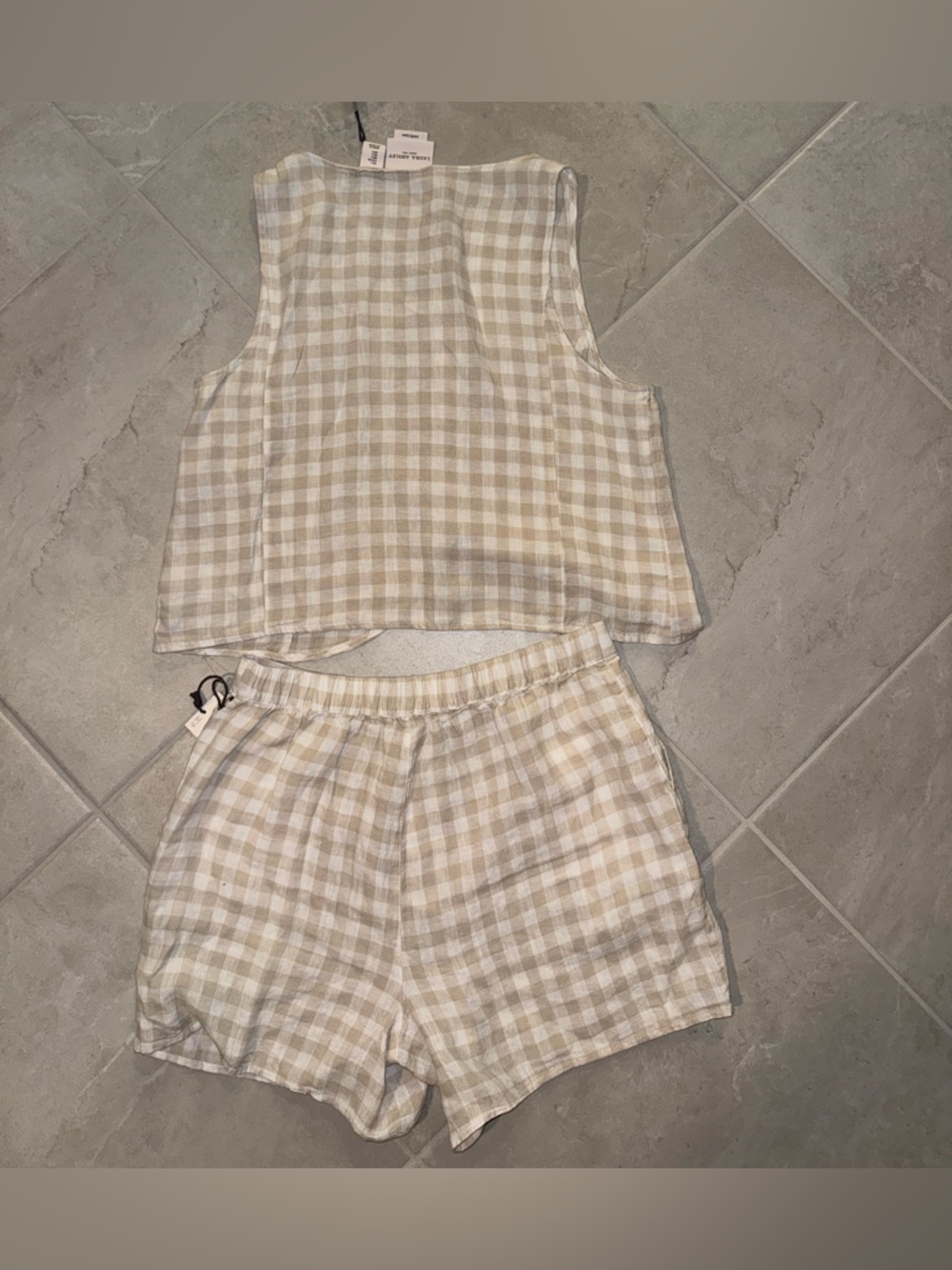 Laura Ashley Beige and White Gingham Tank Top and Shorts Set - Picture 2 of 7